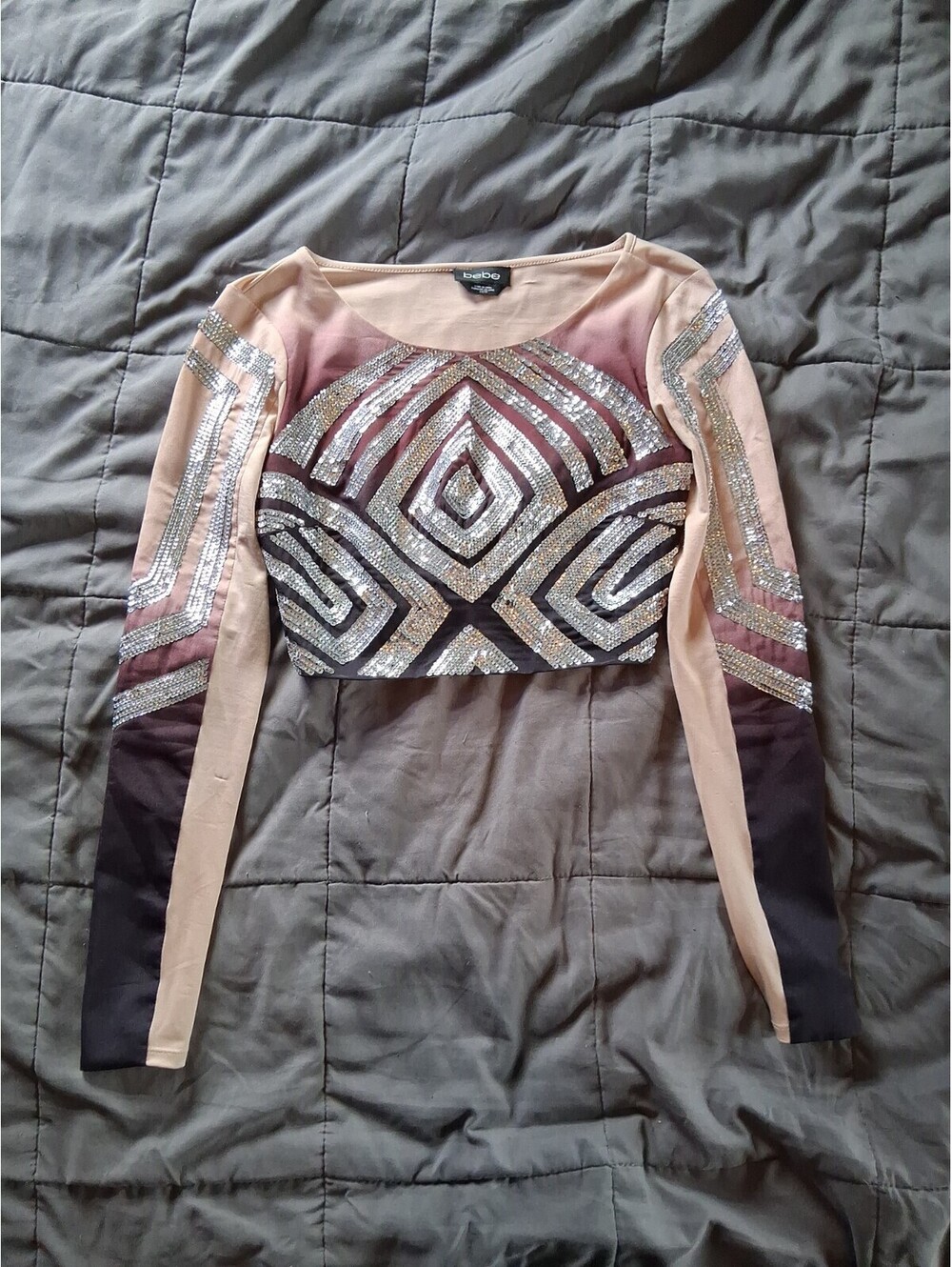Bebe Cropped Top Long Sleeve Womens Sz XS Brown And Beige Sequence D2